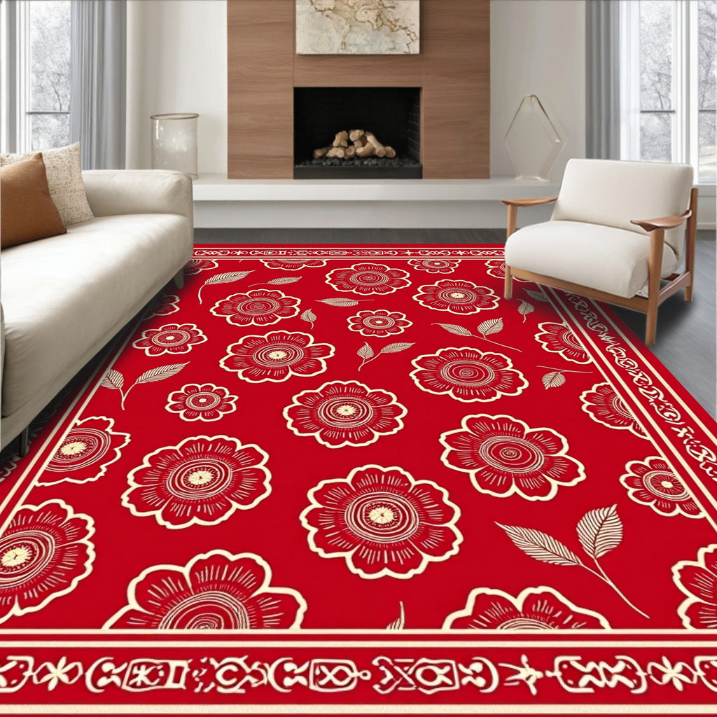 Crimson Floral Garden Frame Rug