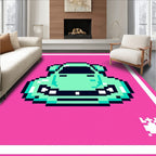 Pixelated Teal Sports Car Pink Background Rug