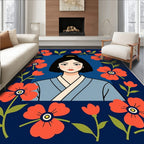 Crimson Poppy Portrait Blue Rug