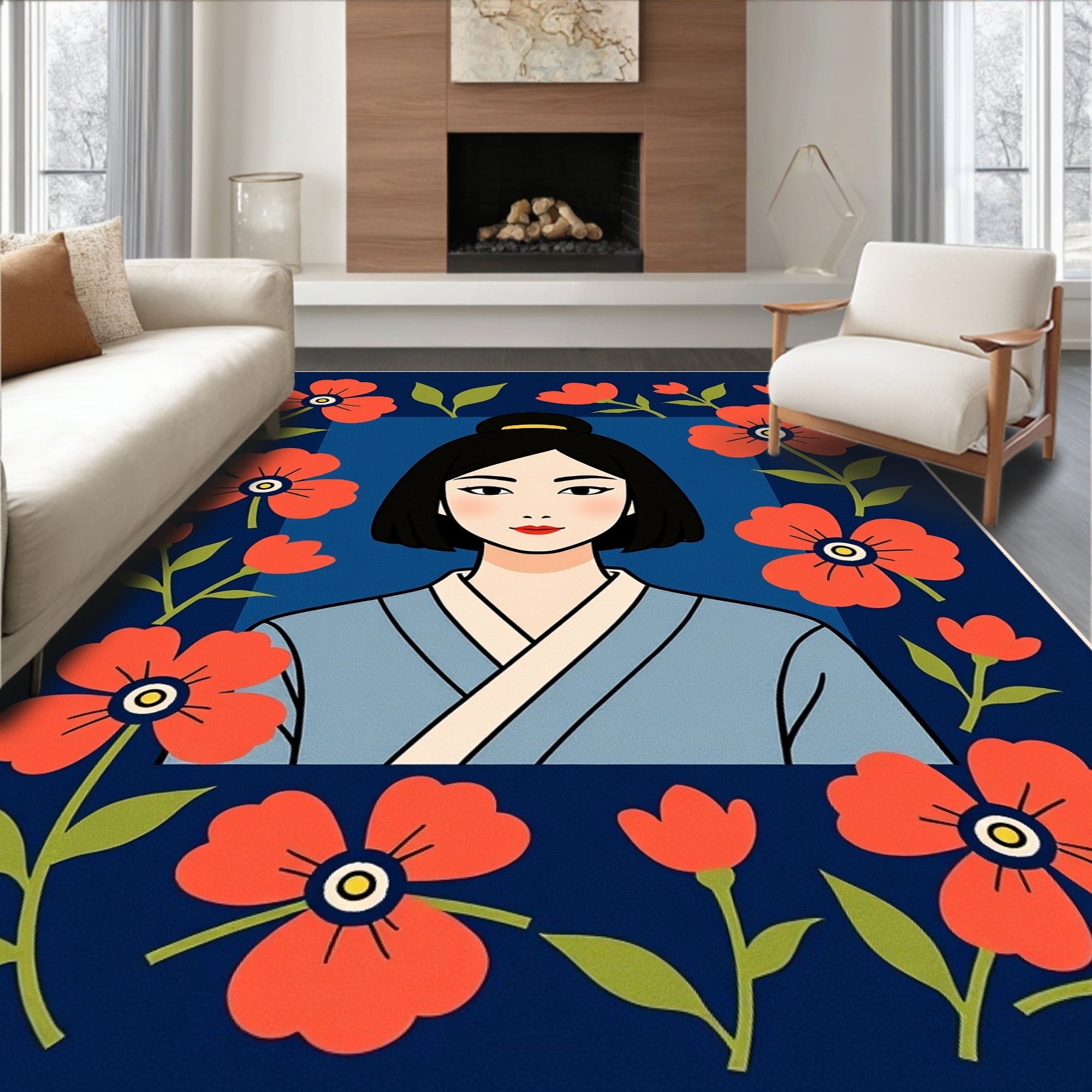 Crimson Poppy Portrait Blue Rug