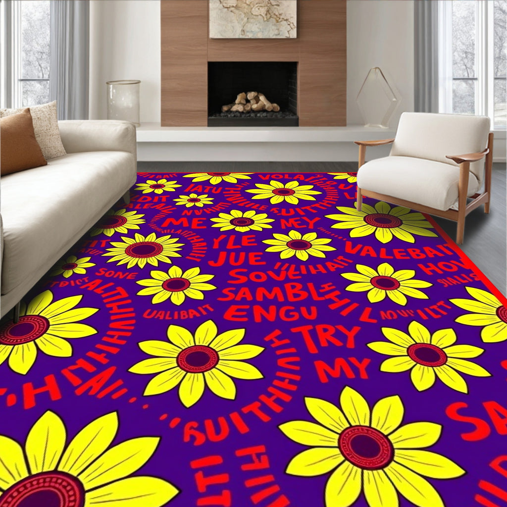 Vibrant Yellow Floral Crimson Text Rug