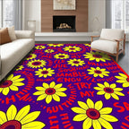 Vibrant Yellow Floral Crimson Text Rug