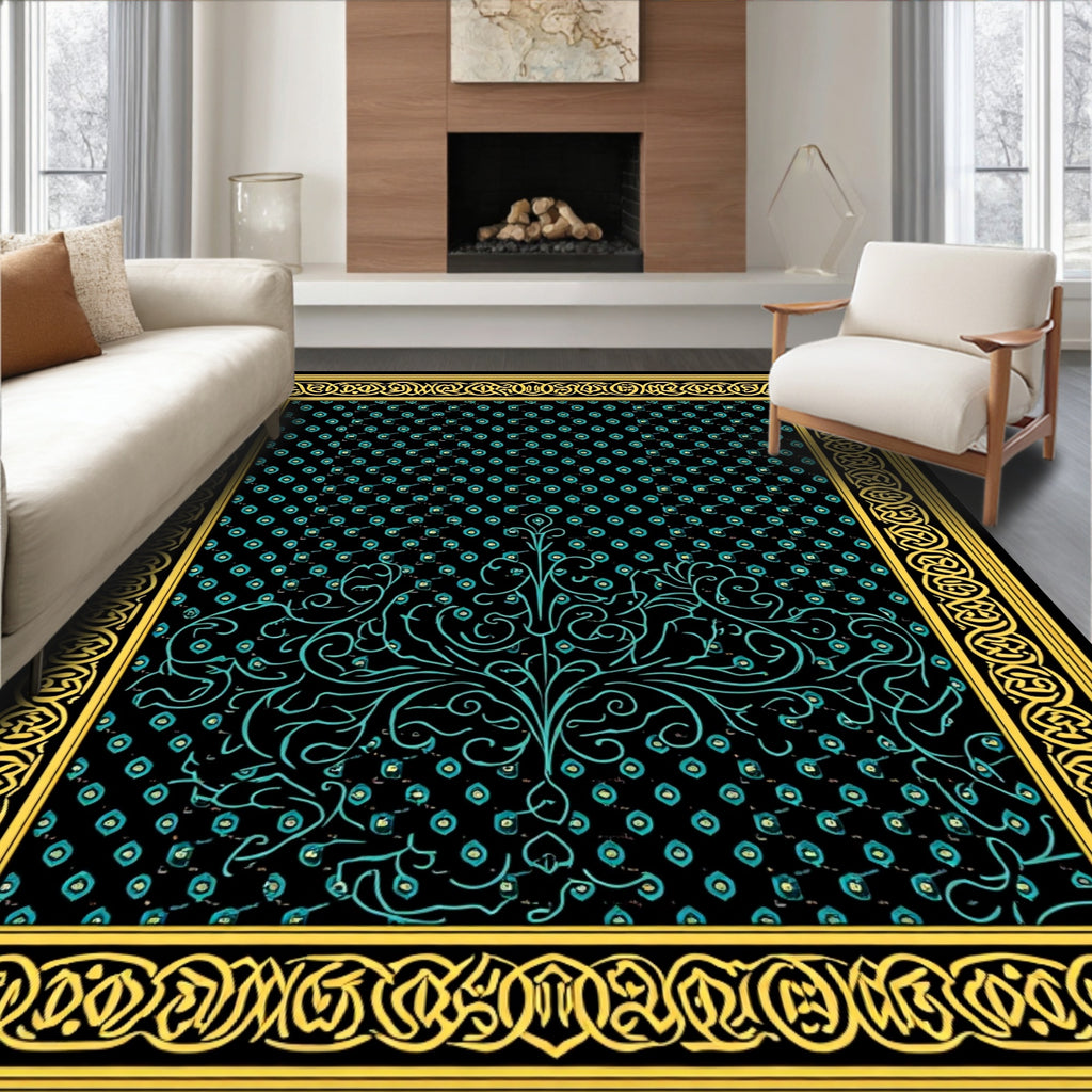 Black Teal Scroll Garden Frame Rug