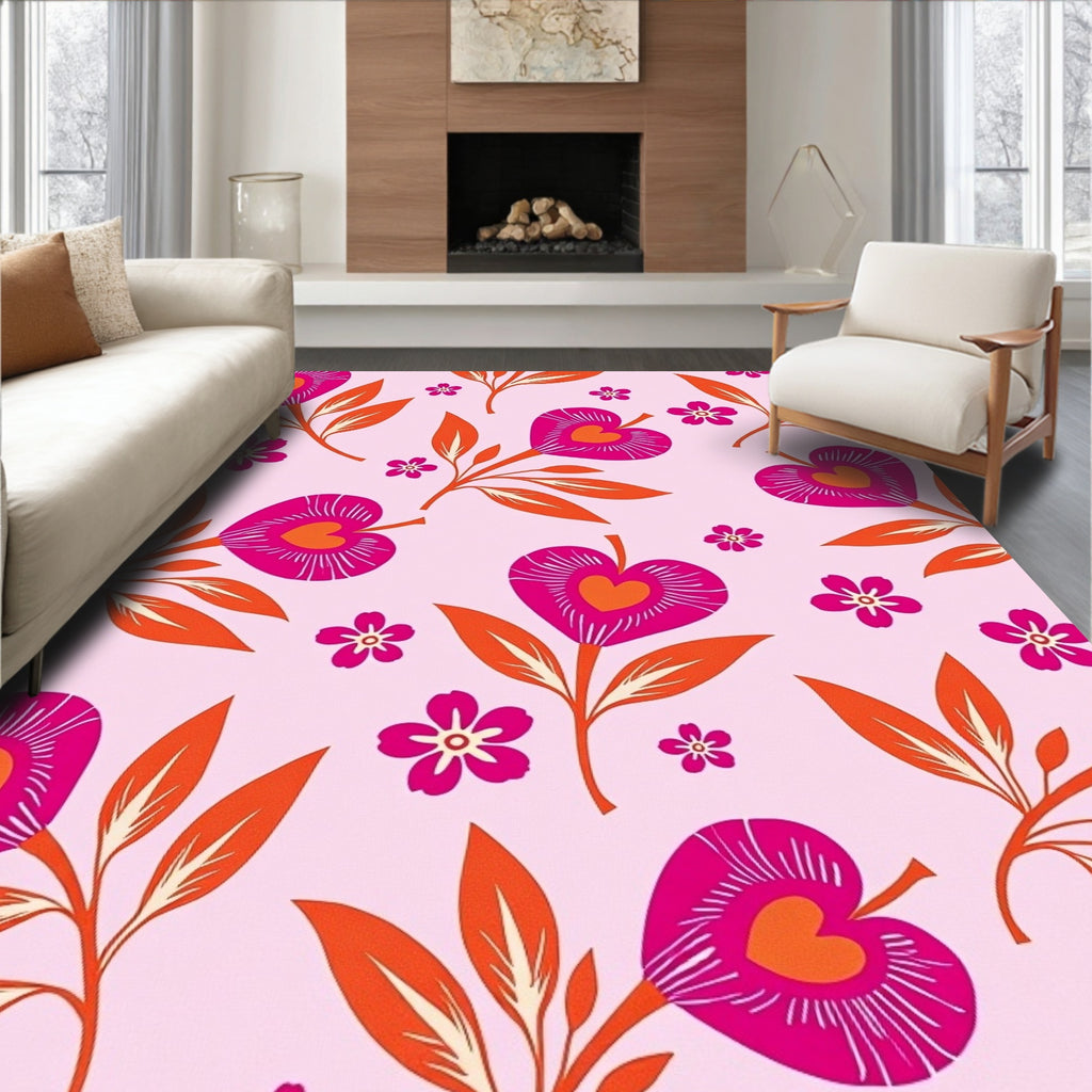 Pink Heart Bloom Leafy Branch Rug