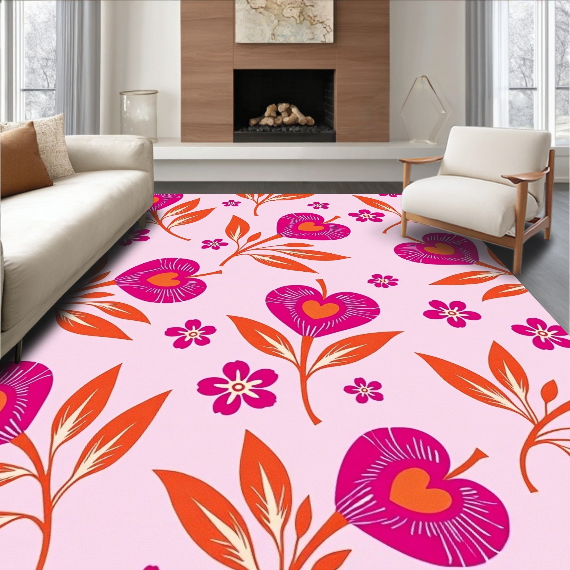 Pink Heart Bloom Leafy Branch Rug
