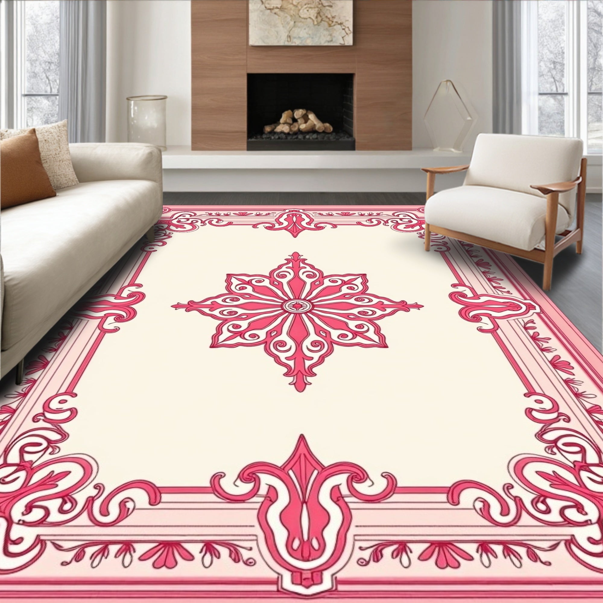 Ornate Pink Blossom Frame Rug