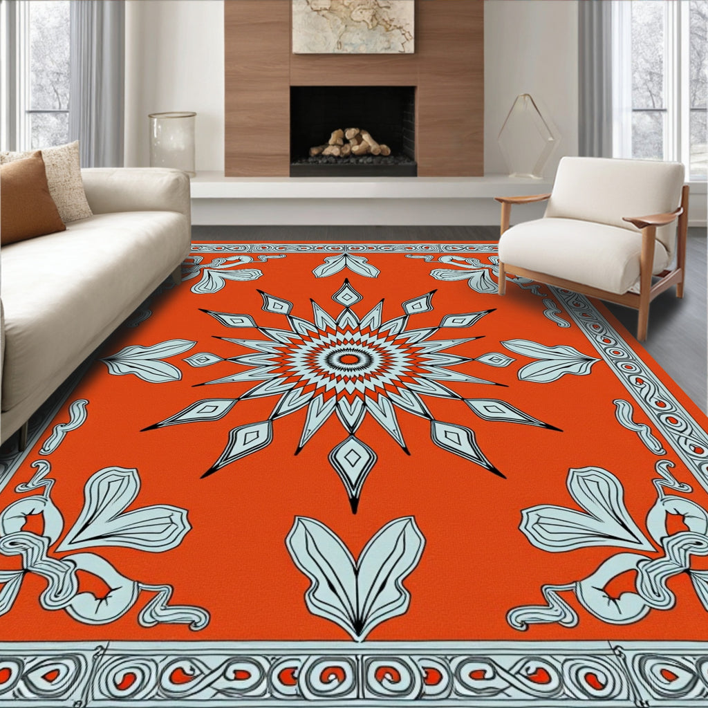 Vibrant Orange Starburst Floral Border Rug
