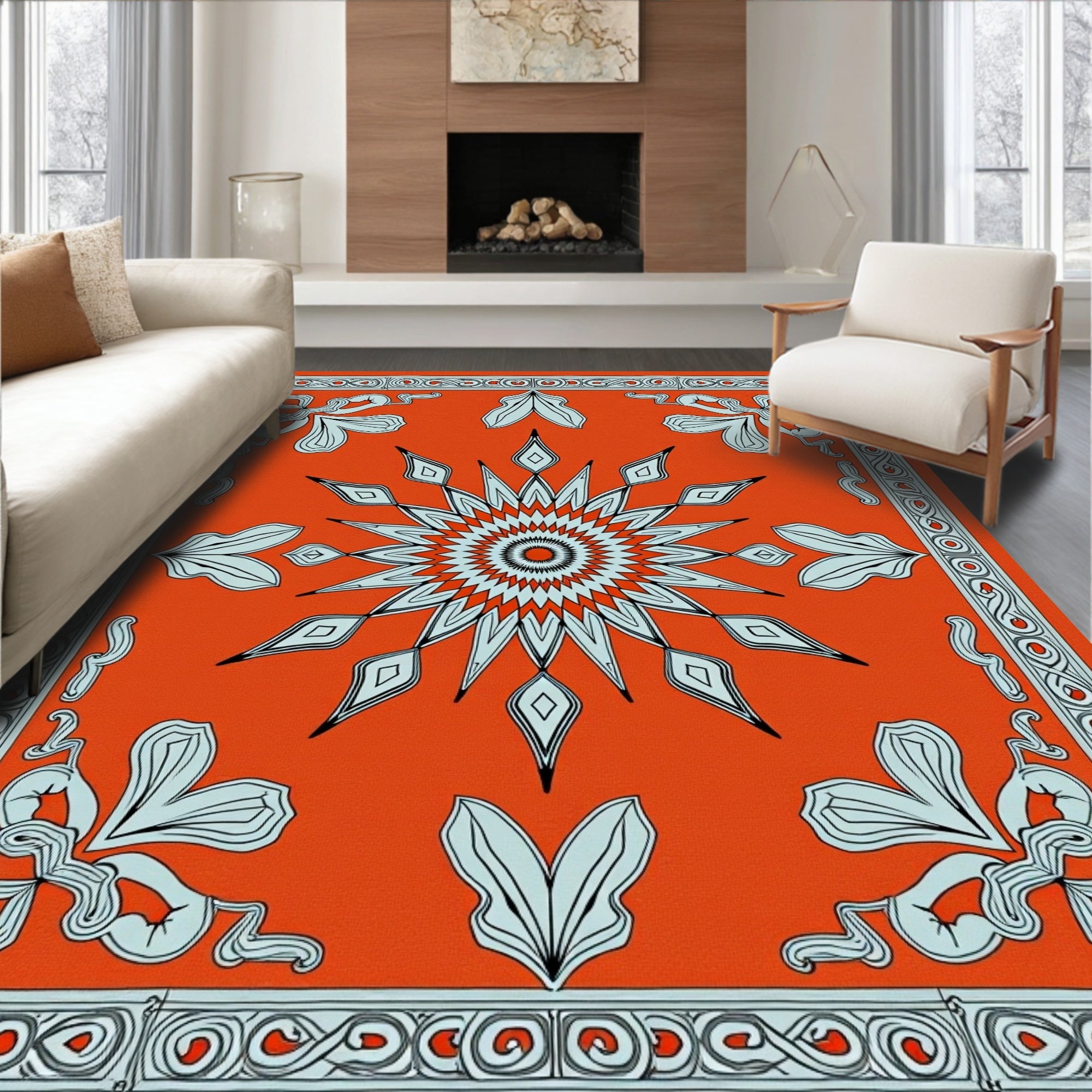 Vibrant Orange Starburst Floral Border Rug