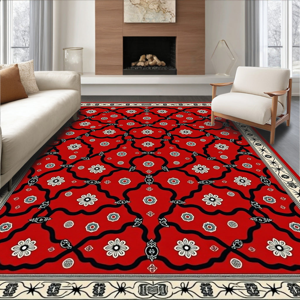 Crimson Floral Lattice Border Rug
