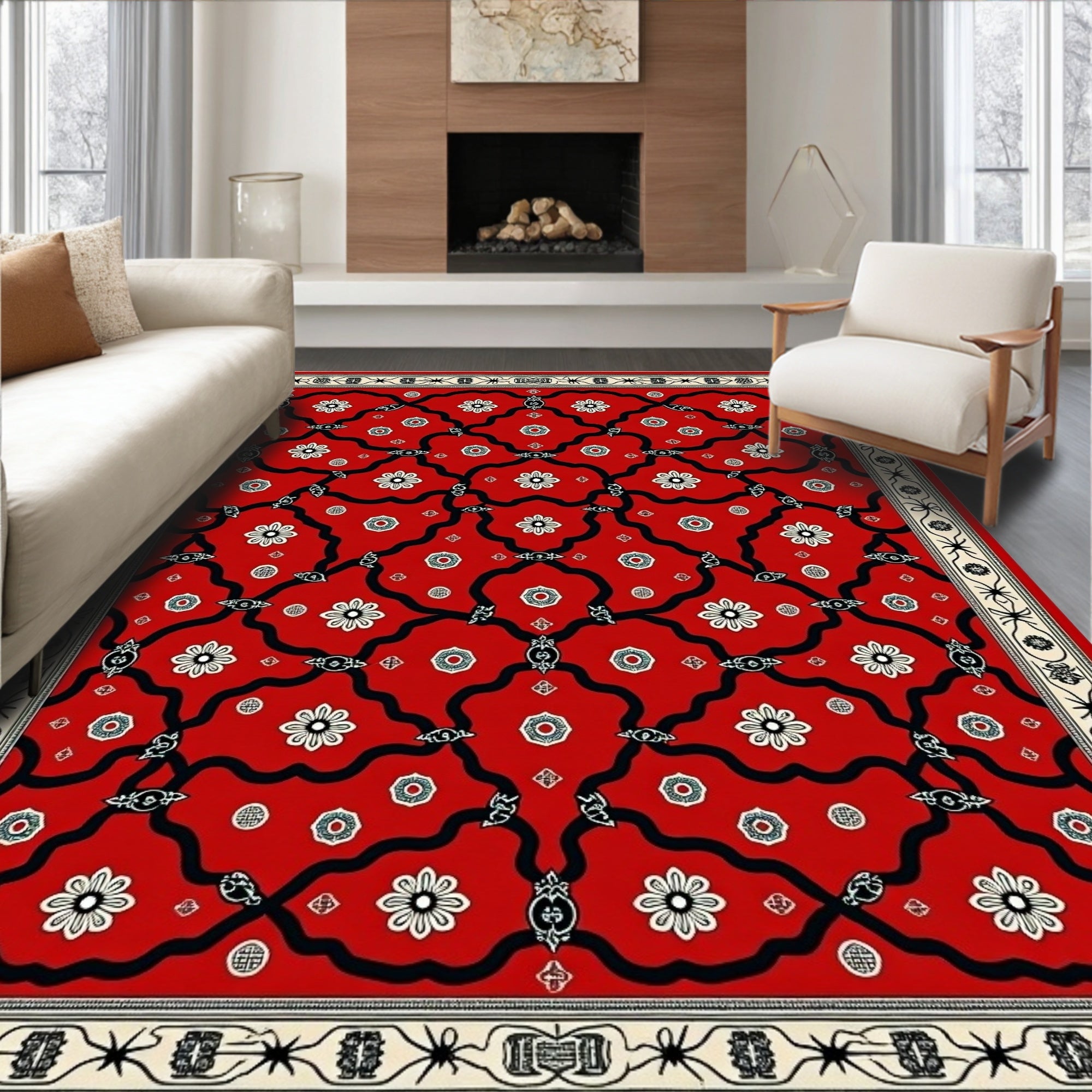Crimson Floral Lattice Border Rug