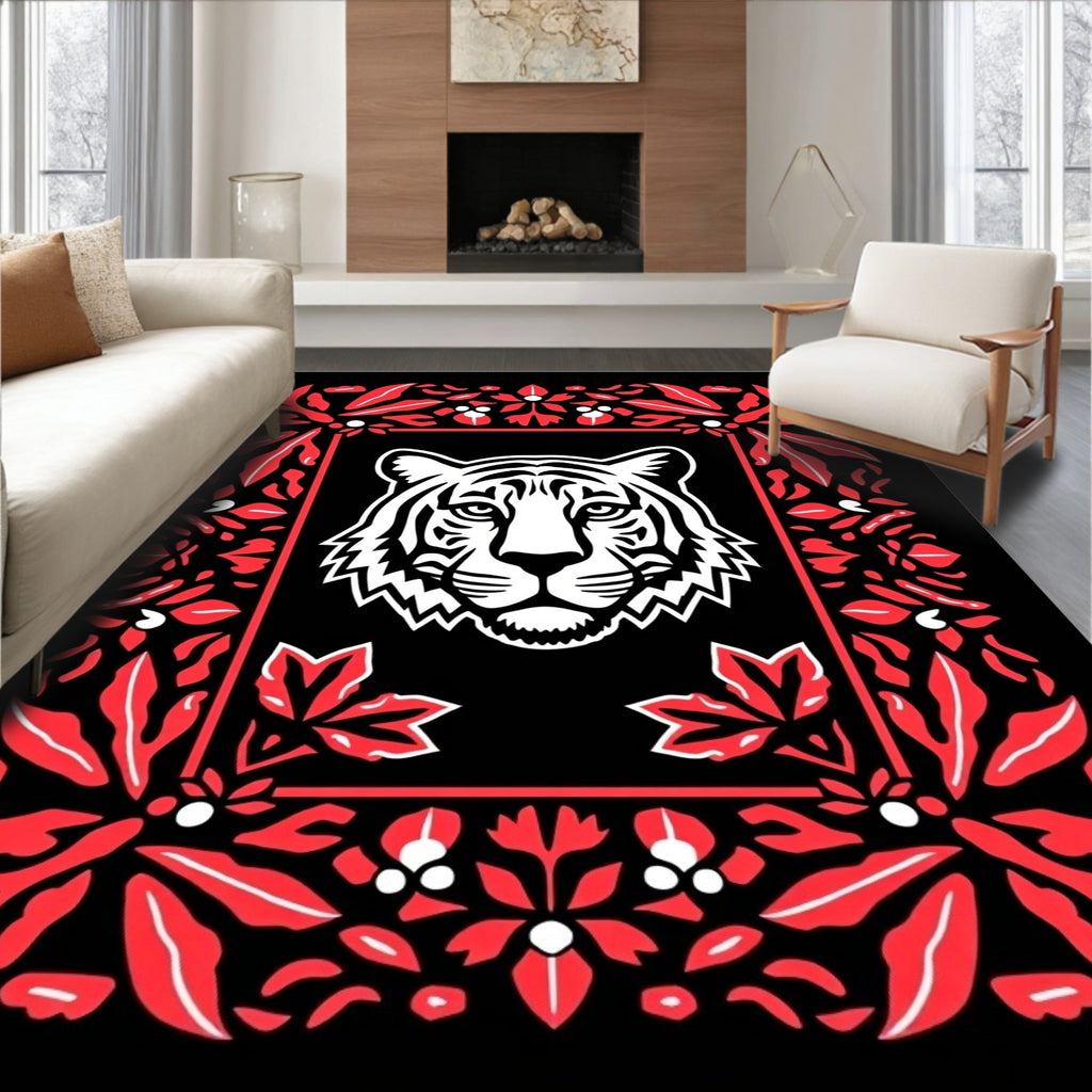 Bold Red Tiger Floral Frame Rug