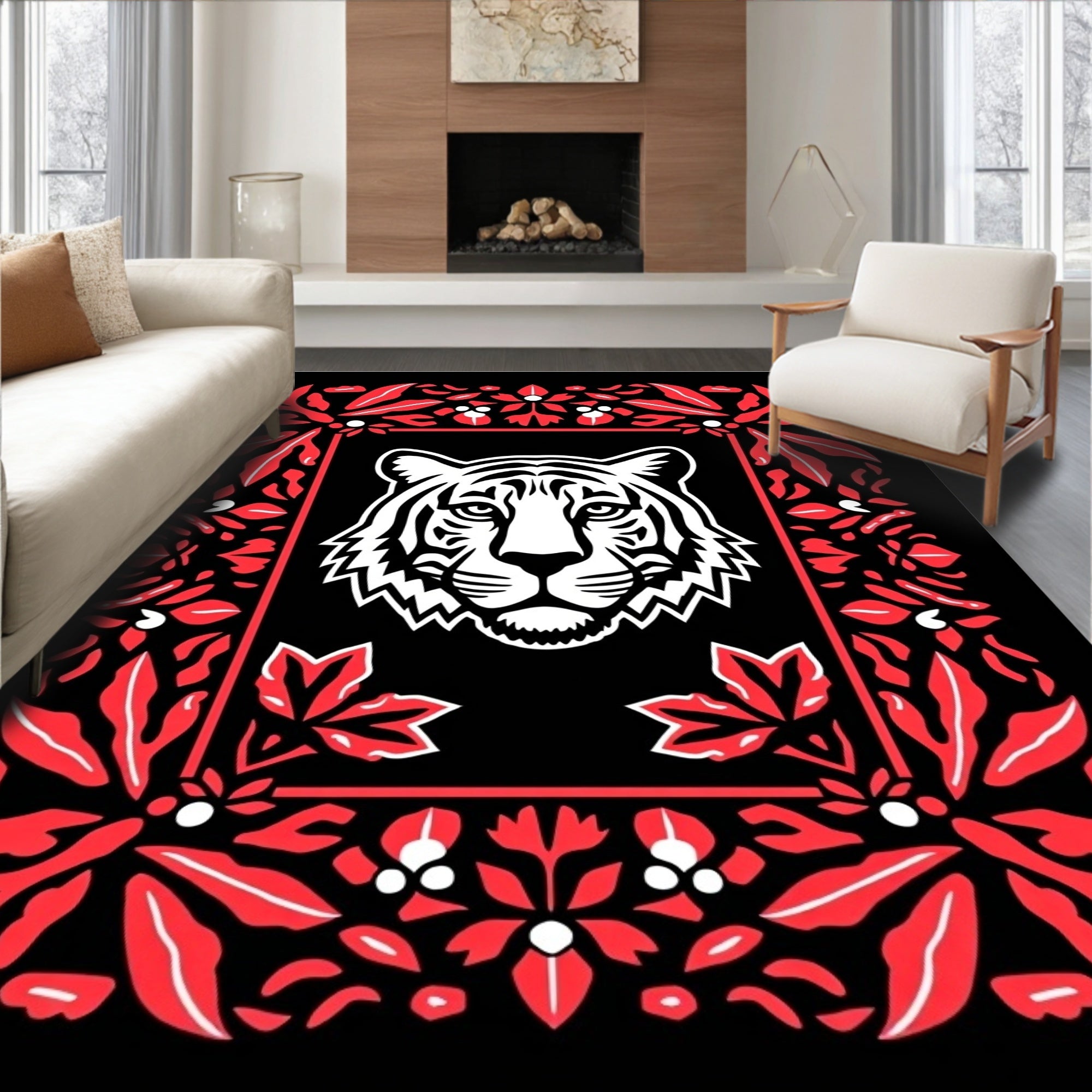 Bold Red Tiger Floral Frame Rug