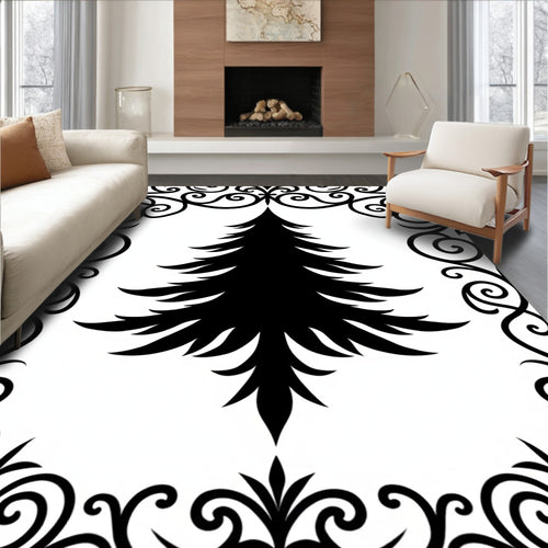 Black Fir Tree Ornate Border Rug