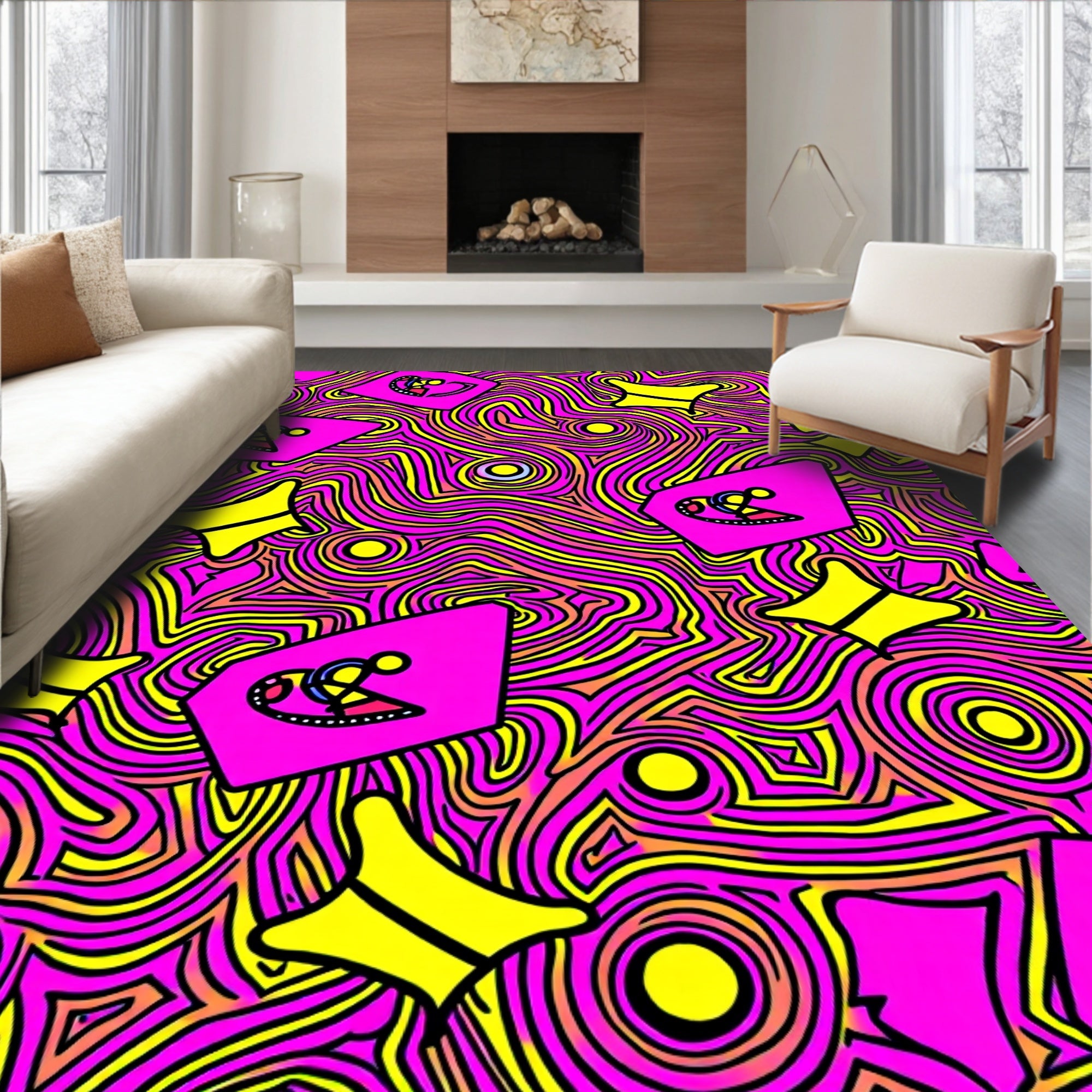 Vibrant Pink Yellow Swirl Shapes Rug