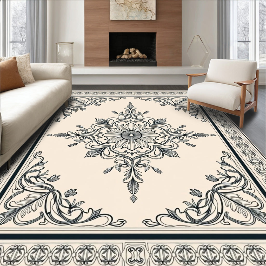 Ornate Floral Medallion Ivory Background Rug