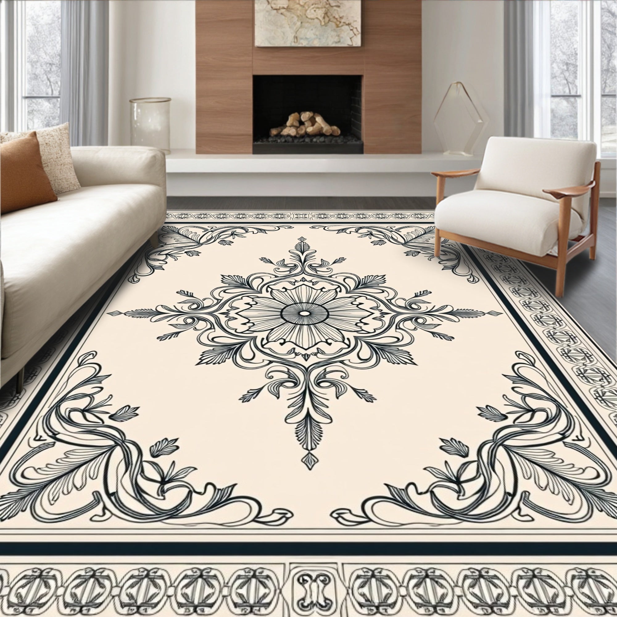 Ornate Floral Medallion Ivory Background Rug