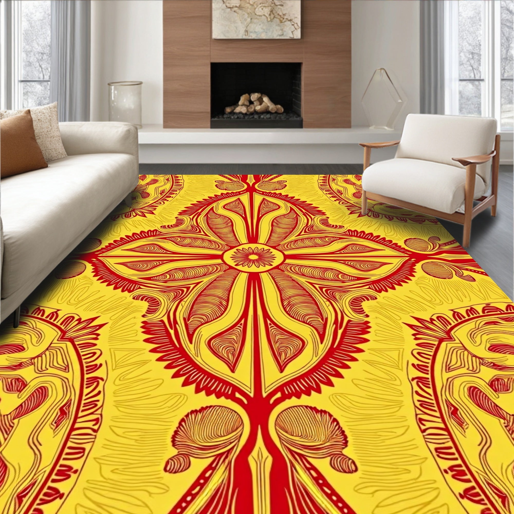 Radiant Sunburst Medallion Yellow Red Rug