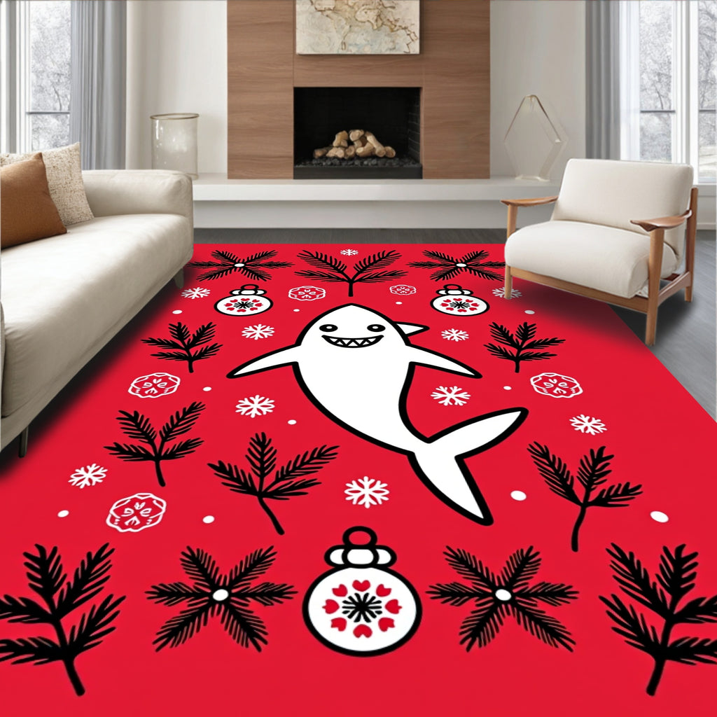 White Shark Christmas Ornaments Snowy Boughs Rug