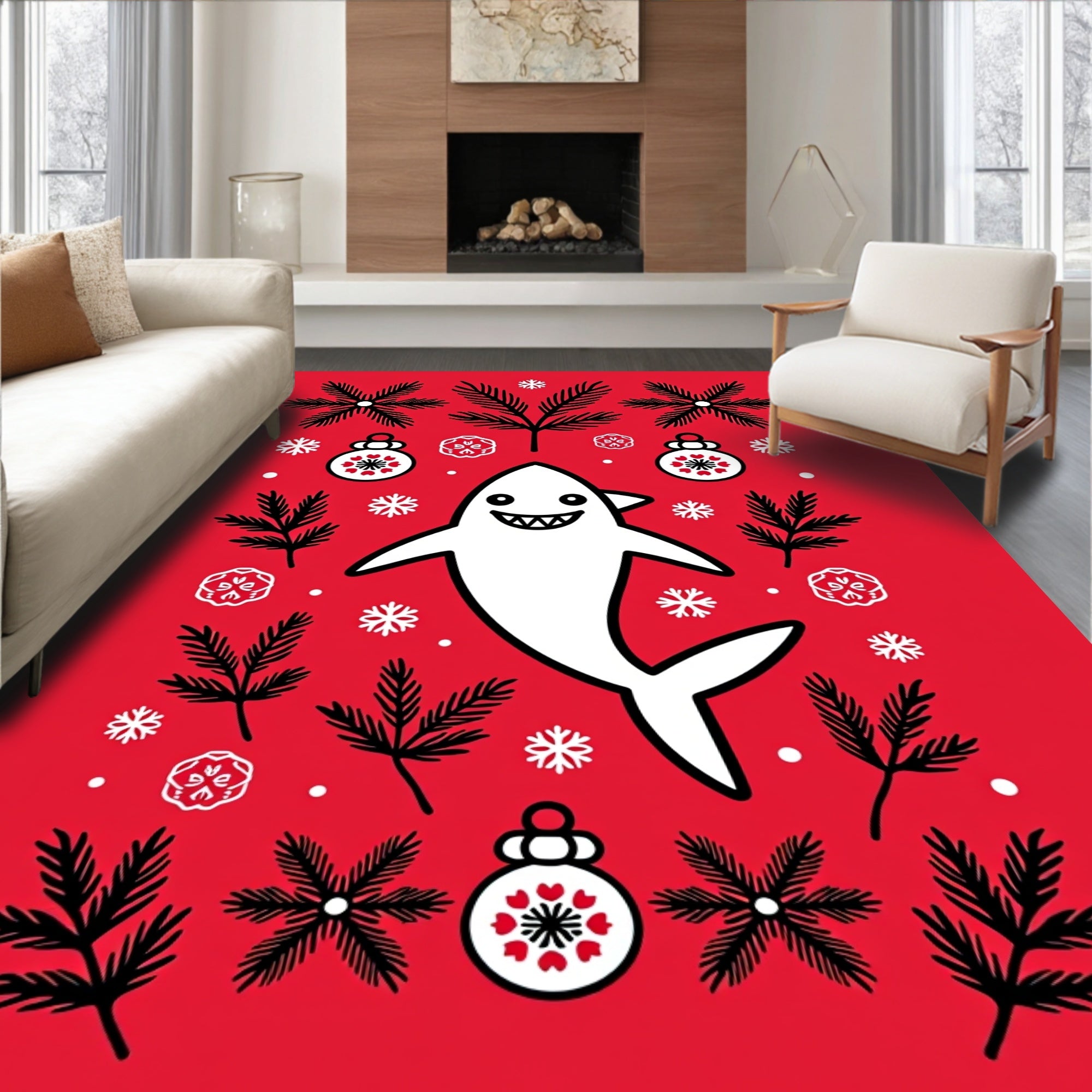 White Shark Christmas Ornaments Snowy Boughs Rug