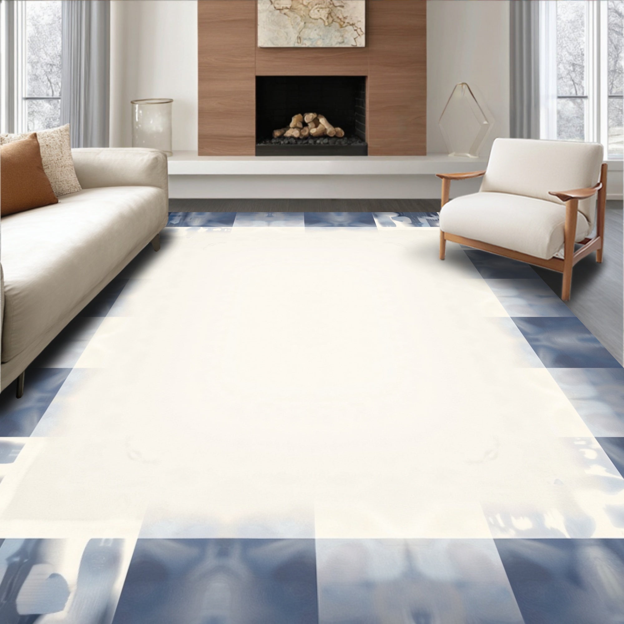 Abstract Blue Gray Geometric Border Rug