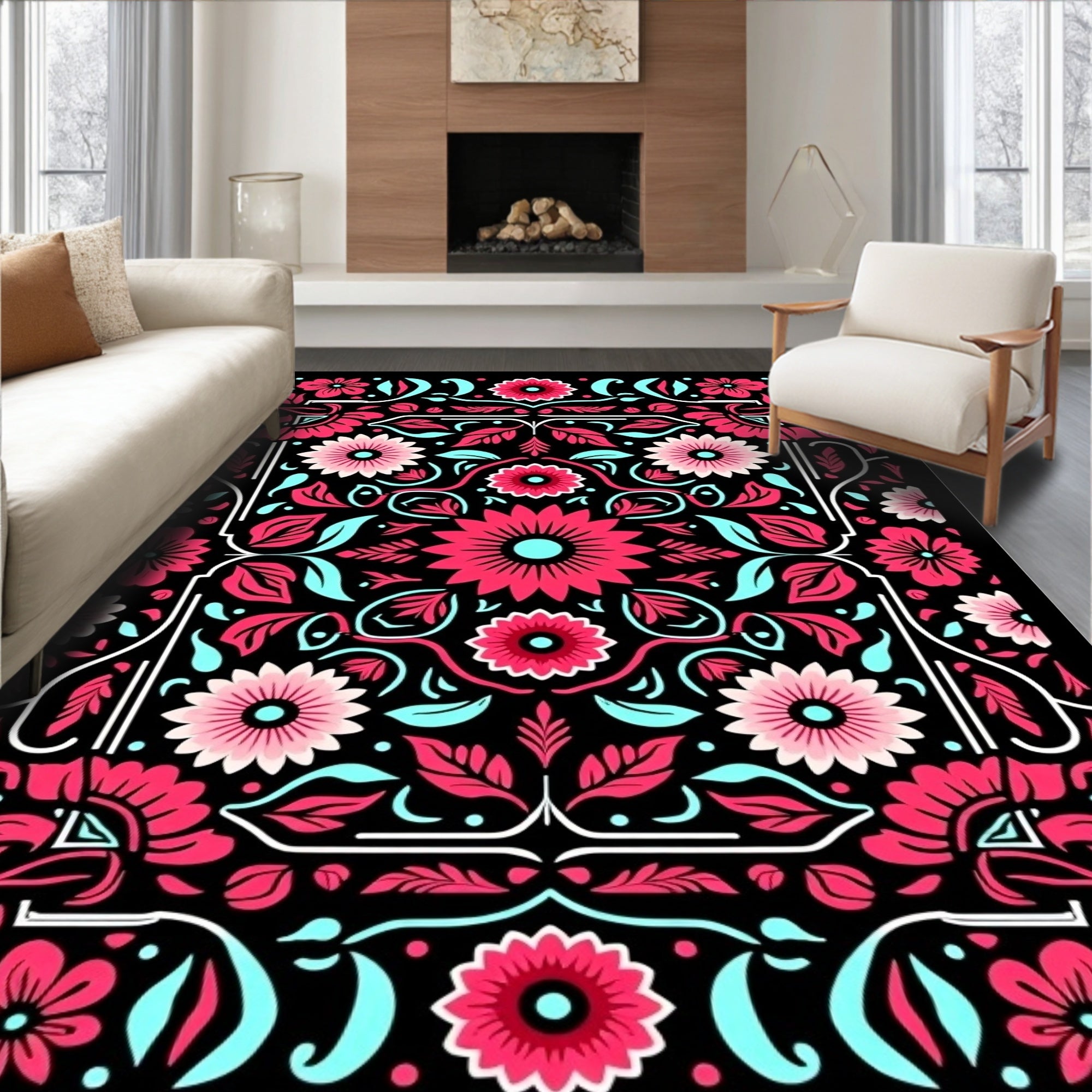 Vibrant Pink Aqua Floral Frame Rug