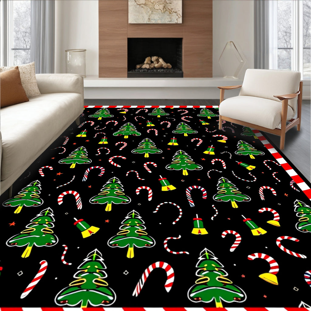 Festive Green Christmas Tree Candy Cane Whimsy Rug