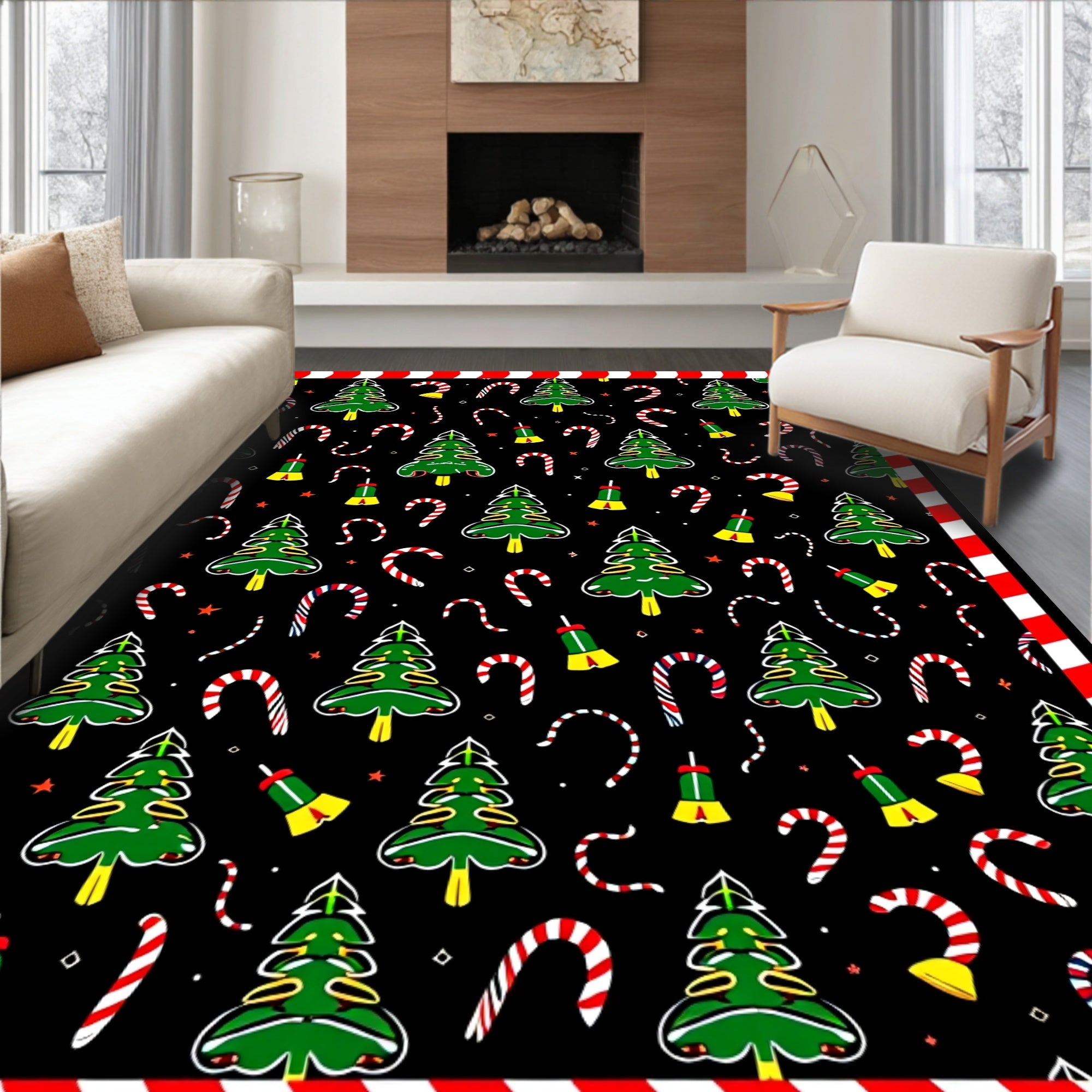 Festive Green Christmas Tree Candy Cane Whimsy Rug
