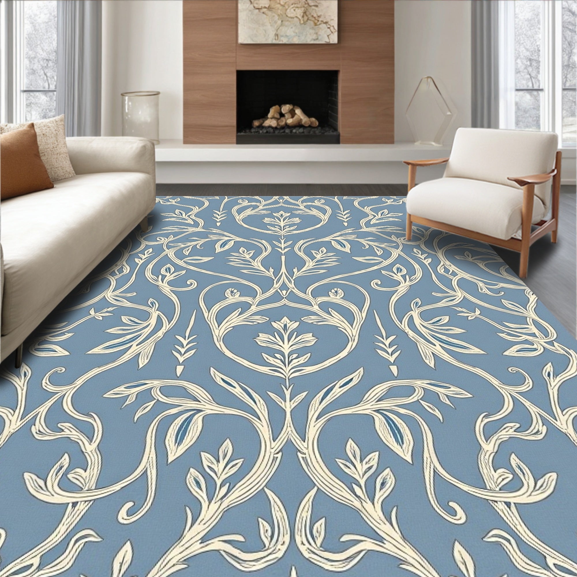 Soft Blue Cream Art Nouveau Vine Rug