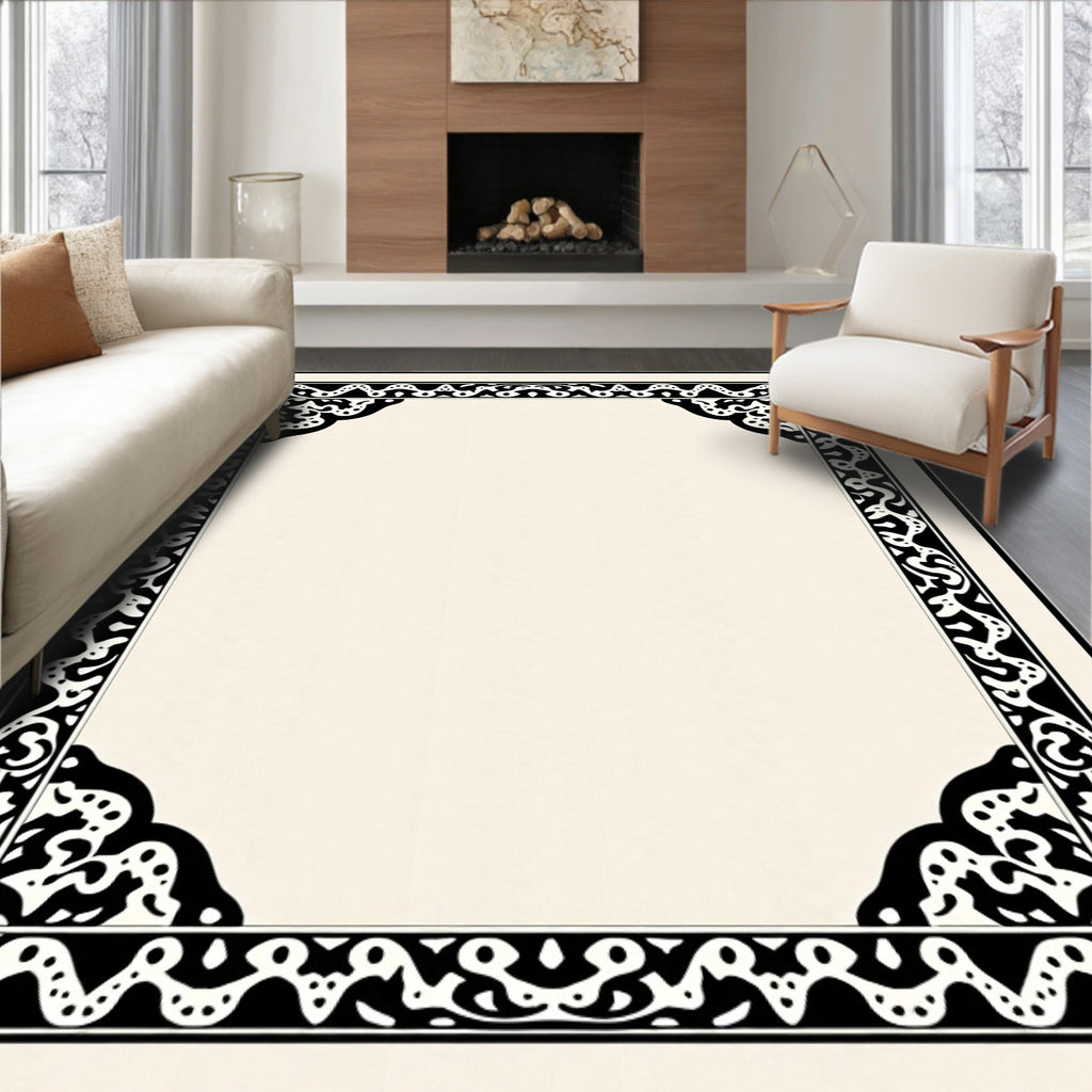 Ornate Black and Cream Border Rug