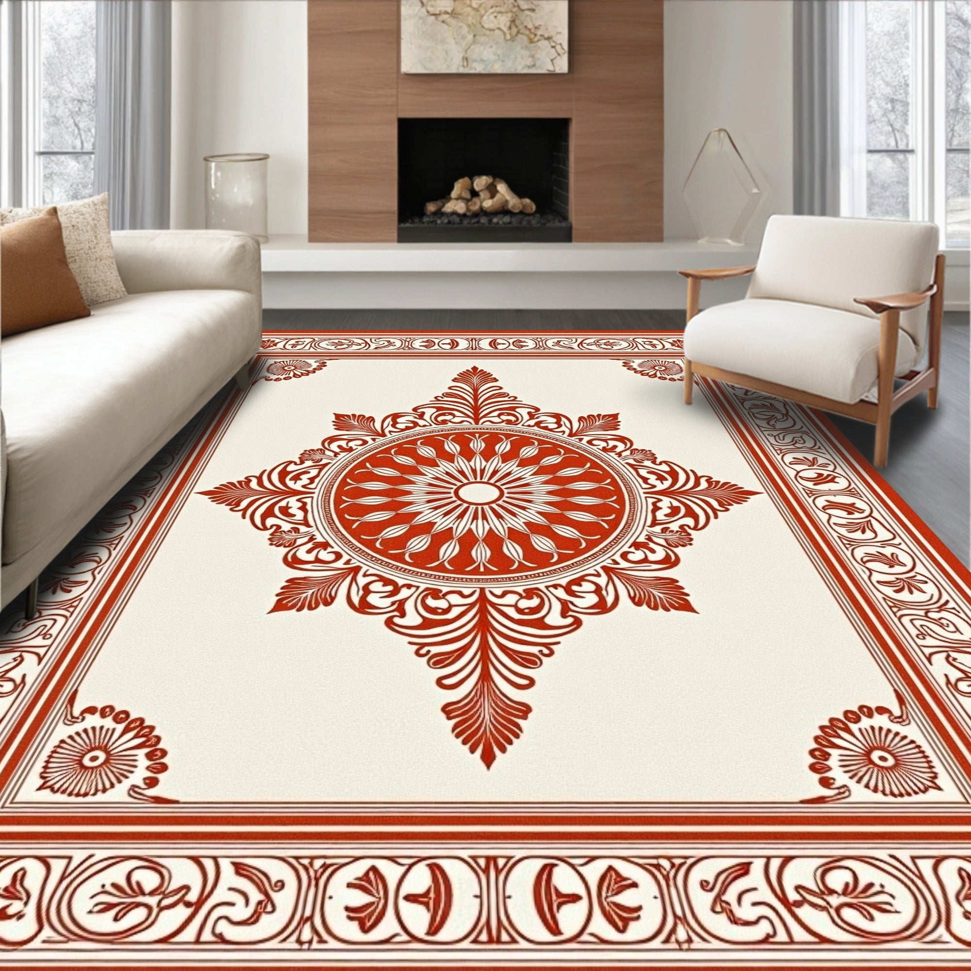 Crimson Sunburst Mandala Border Complement Rug