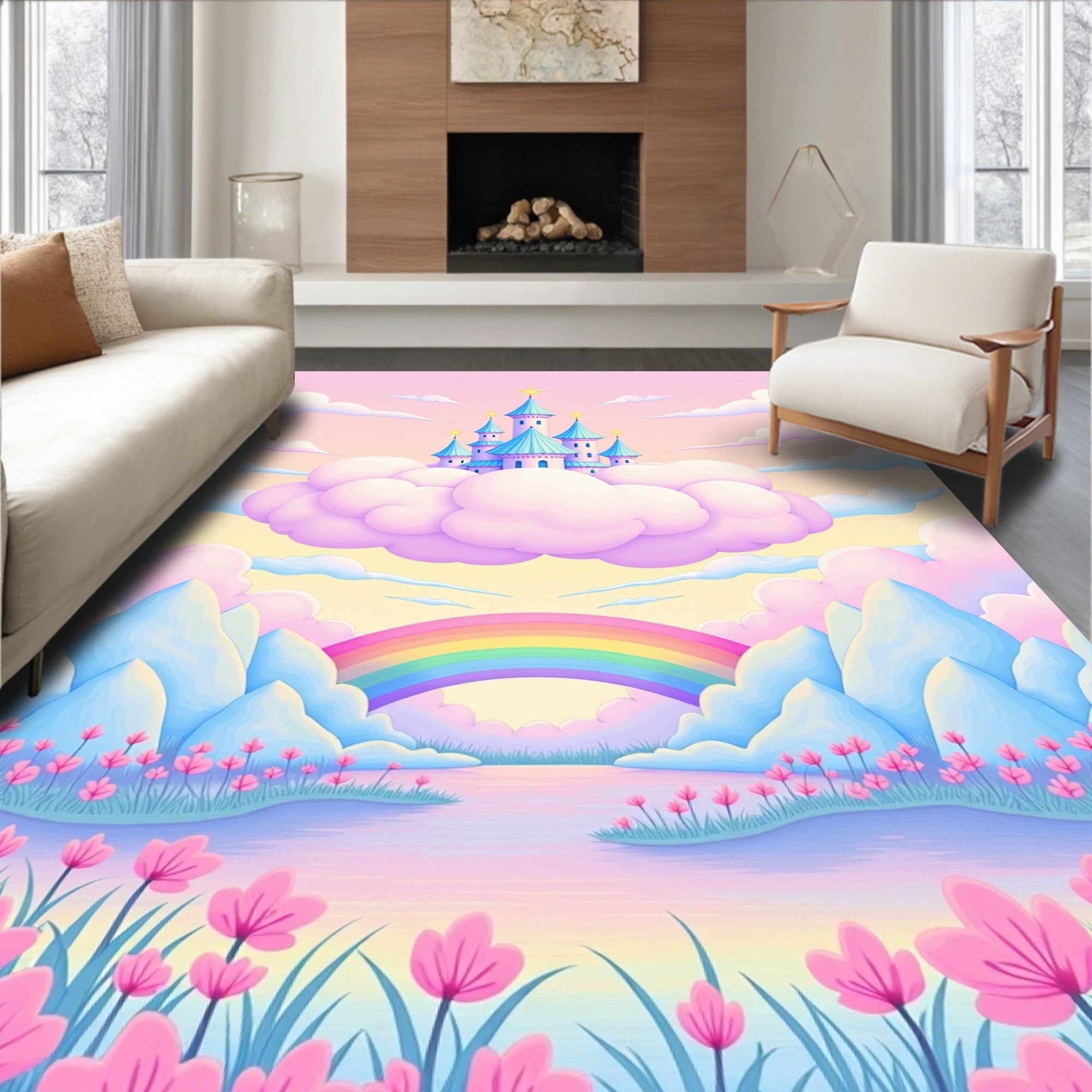 Pastel Cloud Castle Rainbow Meadow Rug