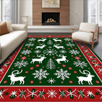 Green White Red Reindeer Snowflakes Festive Rug