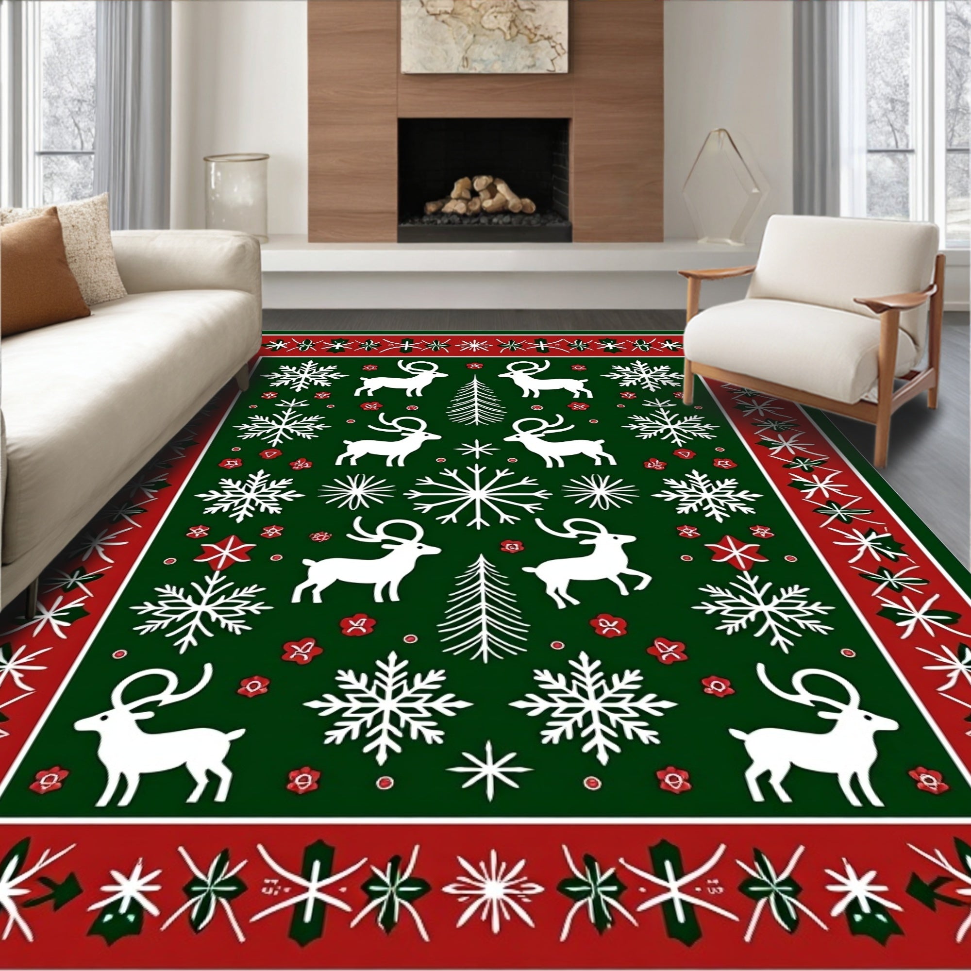 Green White Red Reindeer Snowflakes Festive Rug