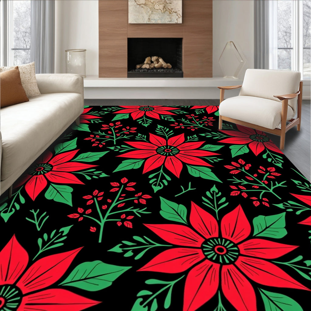 Bold Red Floral Branches Black Rug