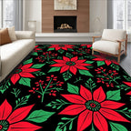 Bold Red Floral Branches Black Rug