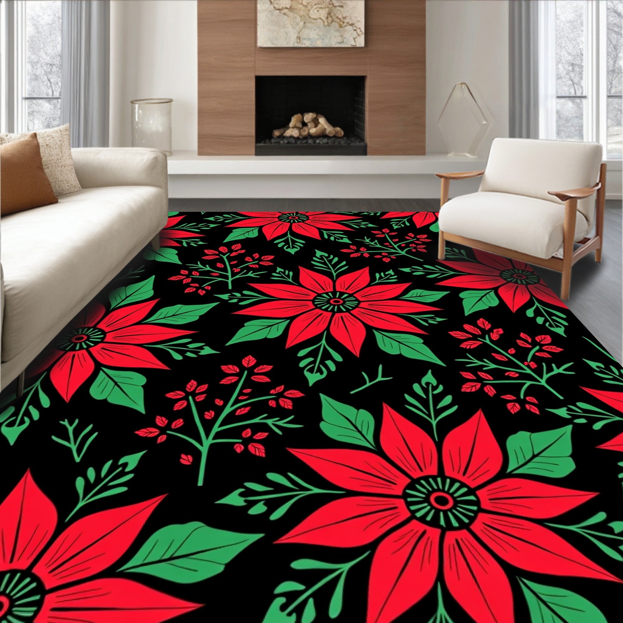 Bold Red Floral Branches Black Rug