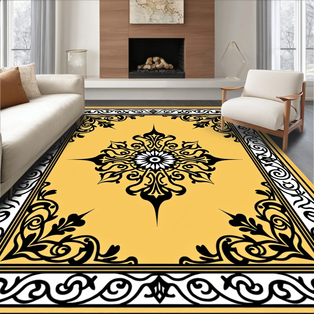 Golden Black Medallion Floral Border Rug