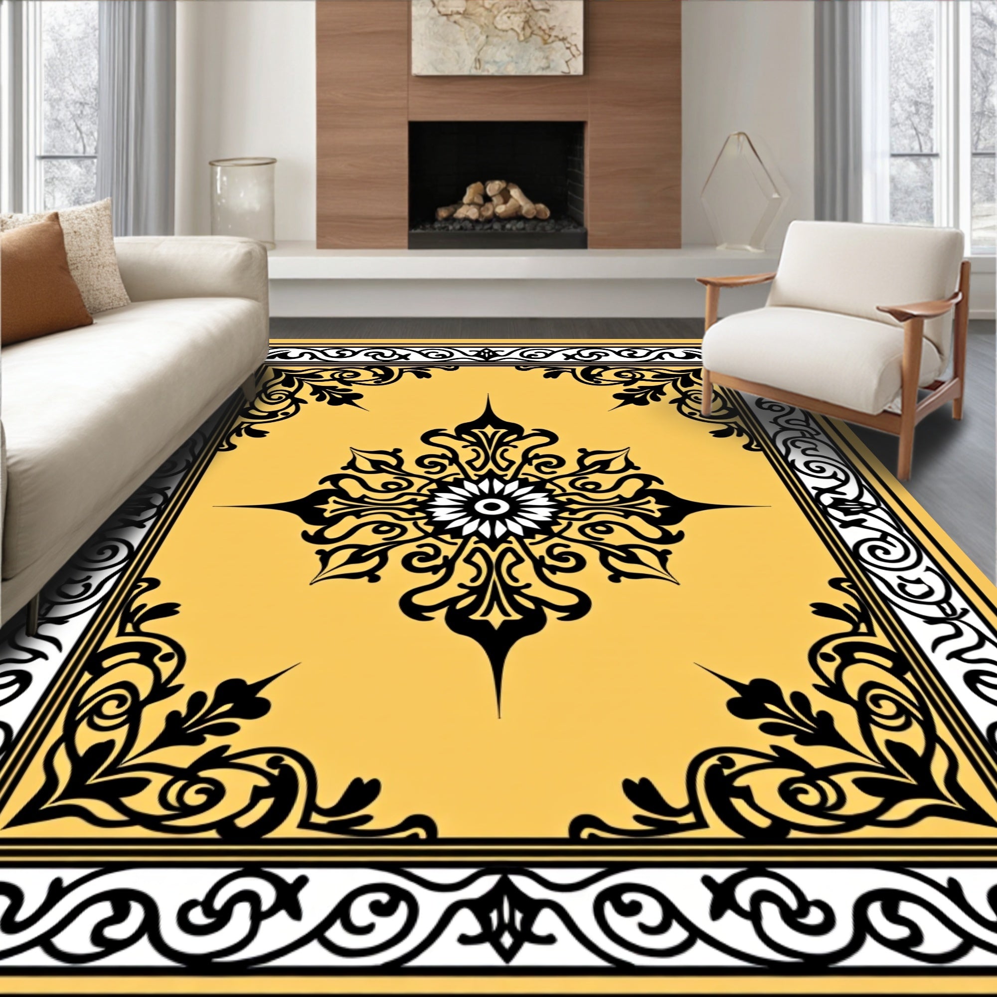 Golden Black Medallion Floral Border Rug
