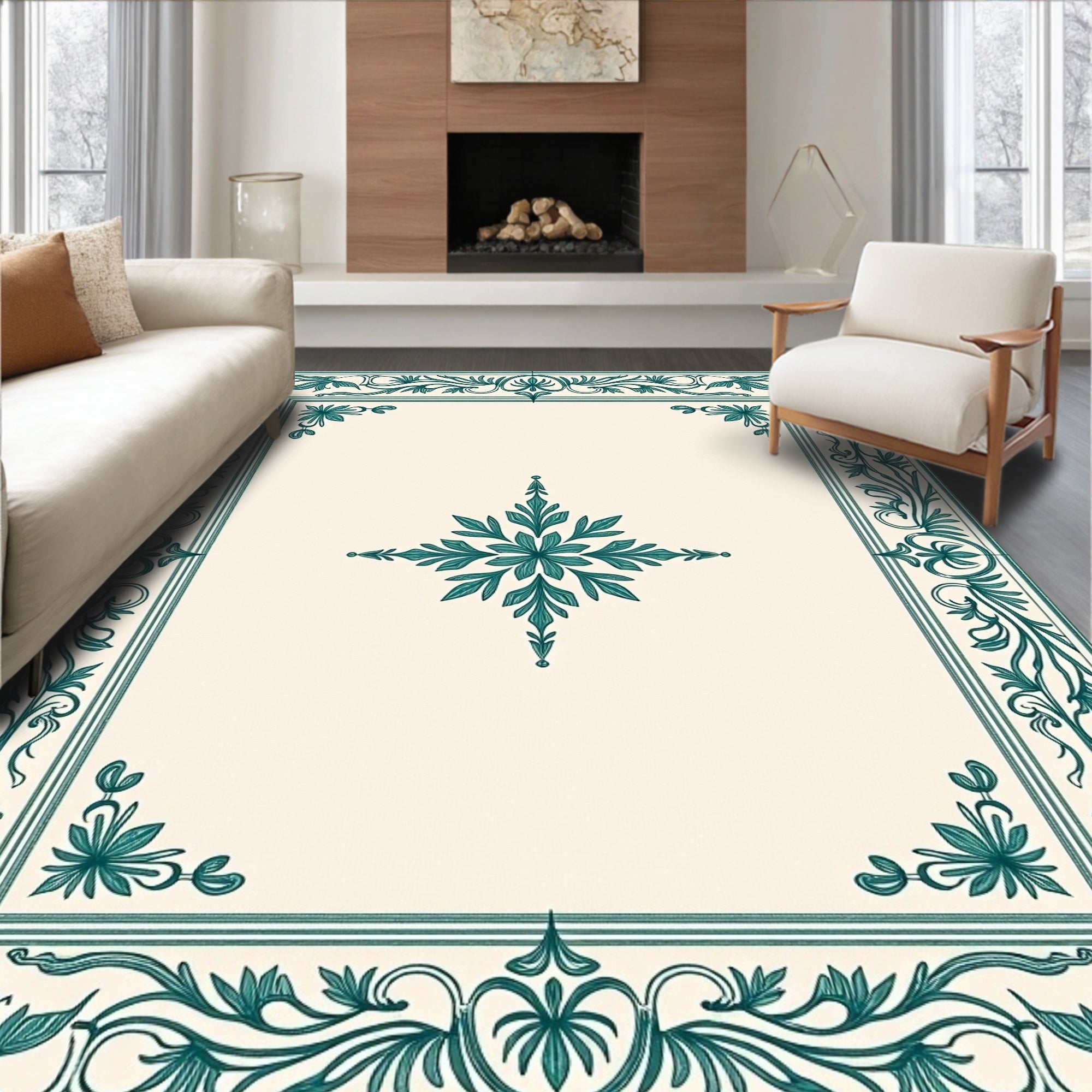 Teal Leaf Scroll Border Cream Rug