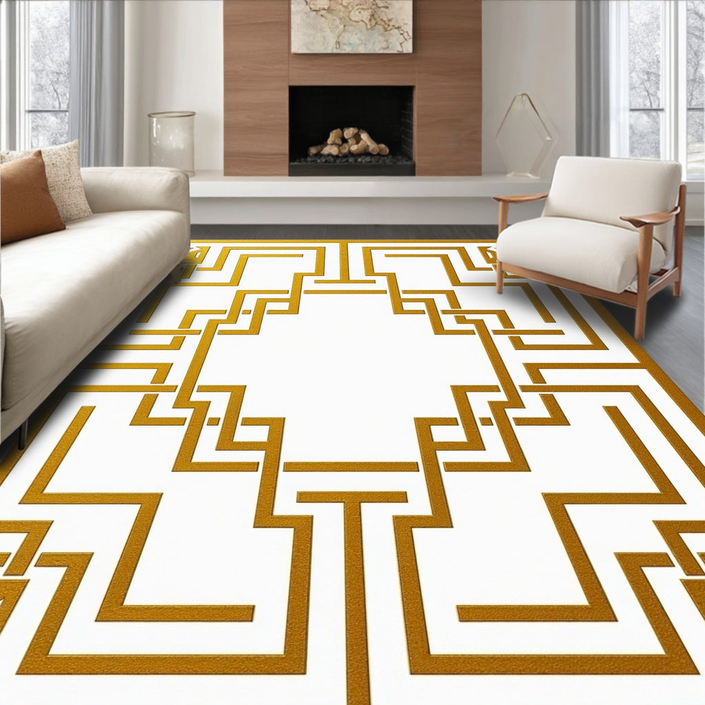 Golden Interlocking Geometric Labyrinth Rug