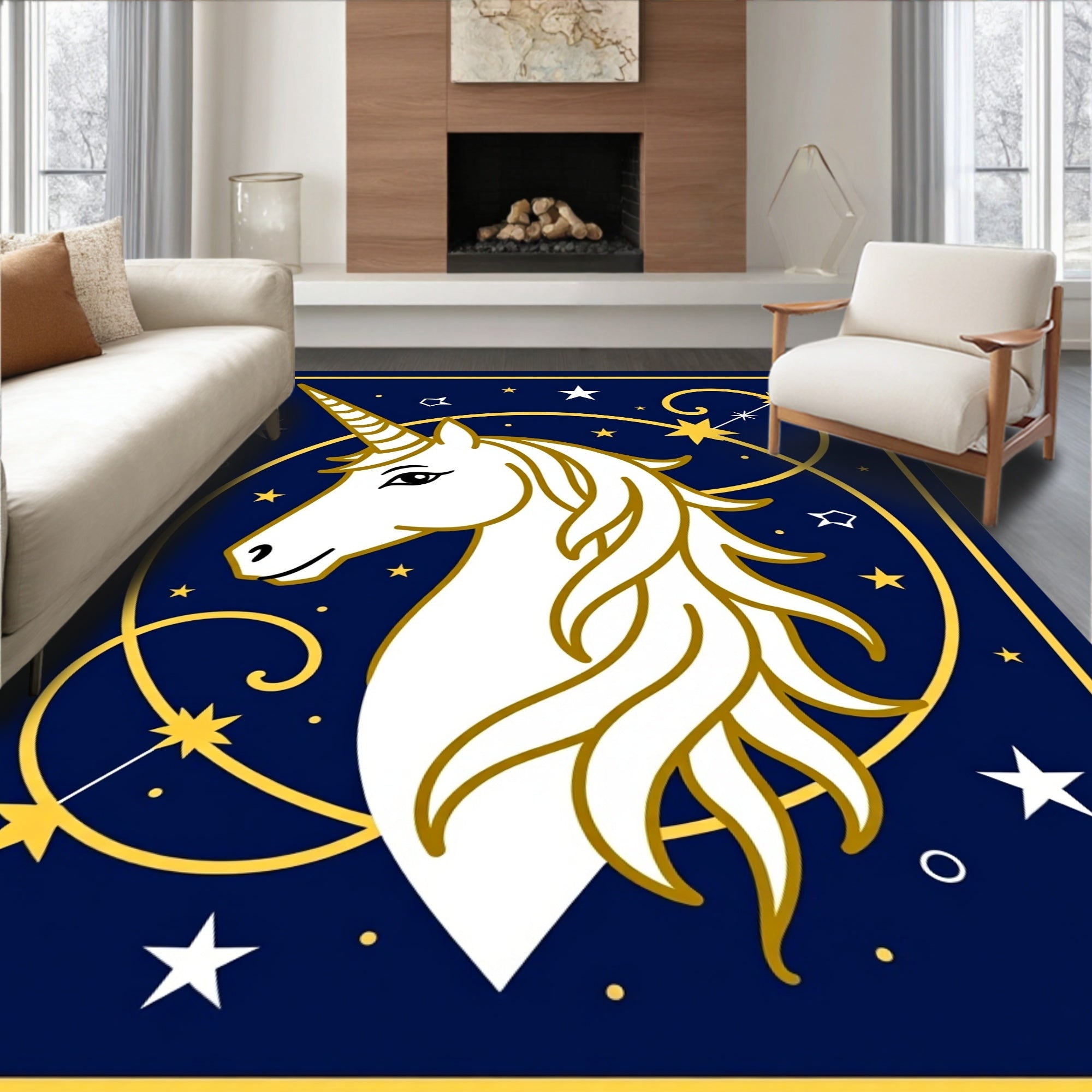 Celestial White Unicorn Gold Constellation Rug