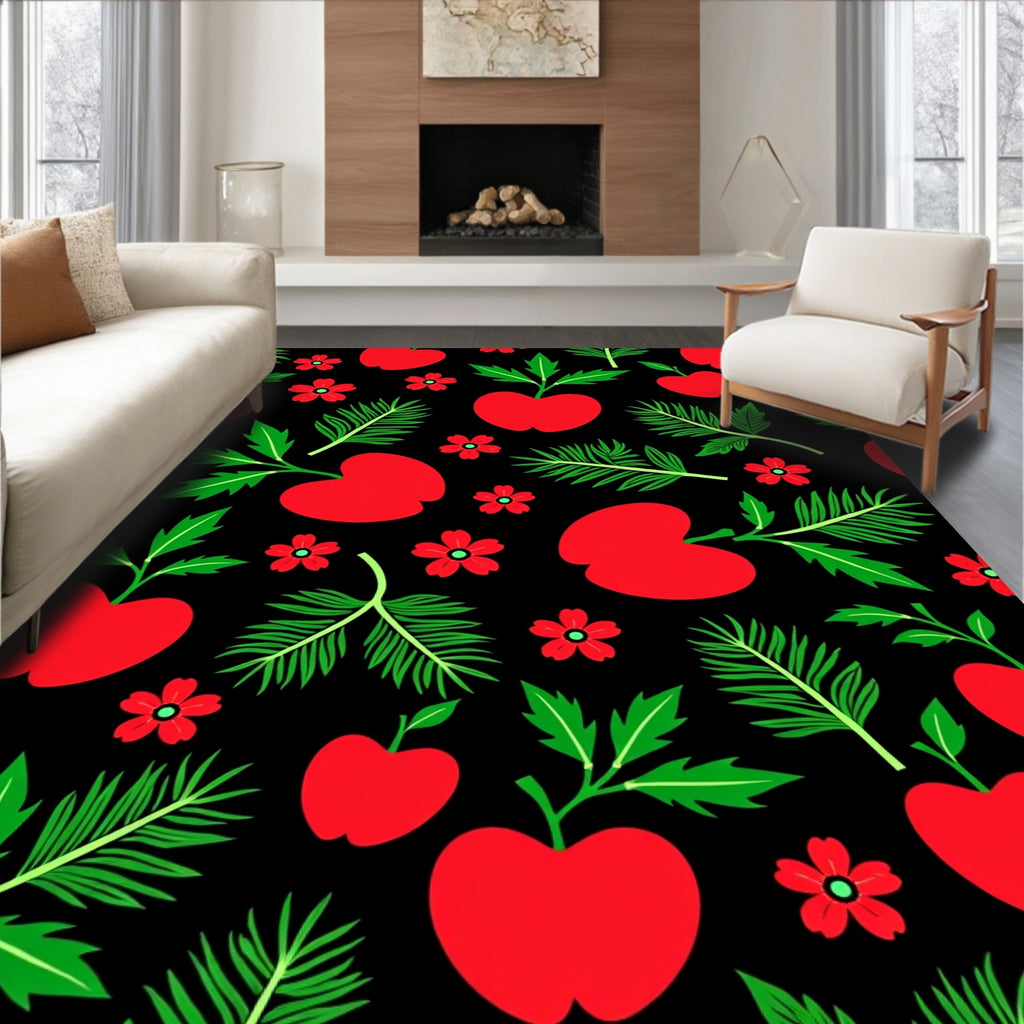 Red Apples Green Leaves Floral Accents Rug