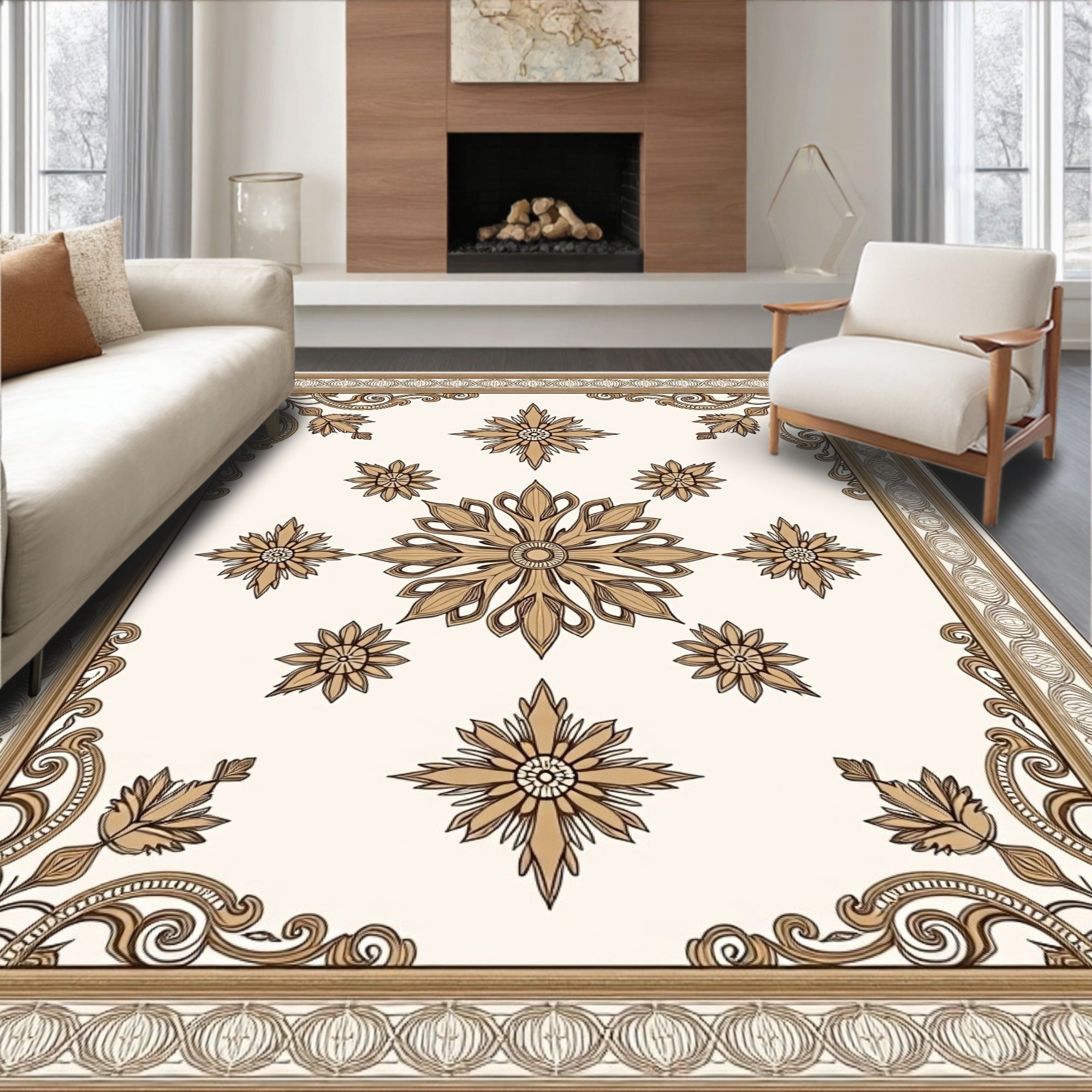 Ornate Floral Medallion and Leaf Border Rug