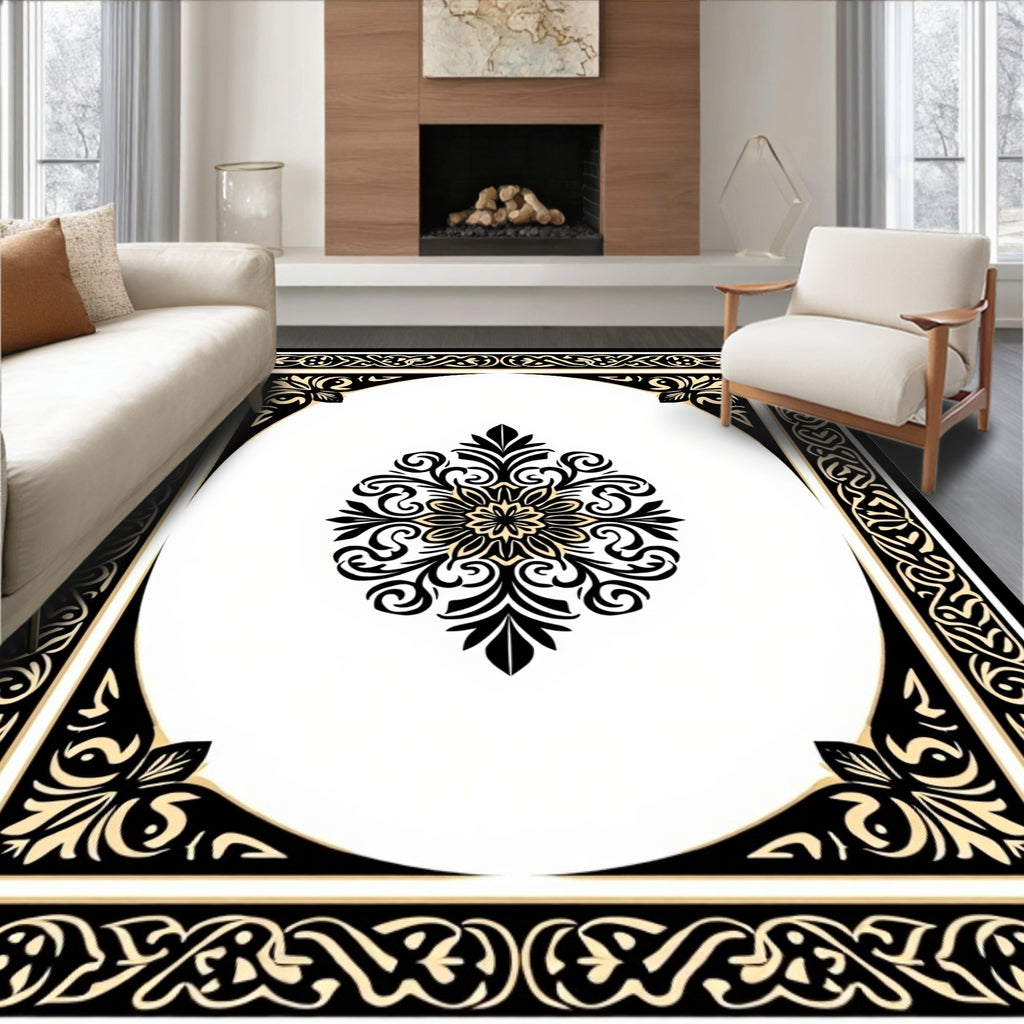 Ornate Black Scrollwork Floral Medallion Rug