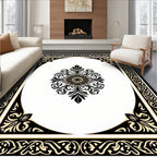 Ornate Black Scrollwork Floral Medallion Rug