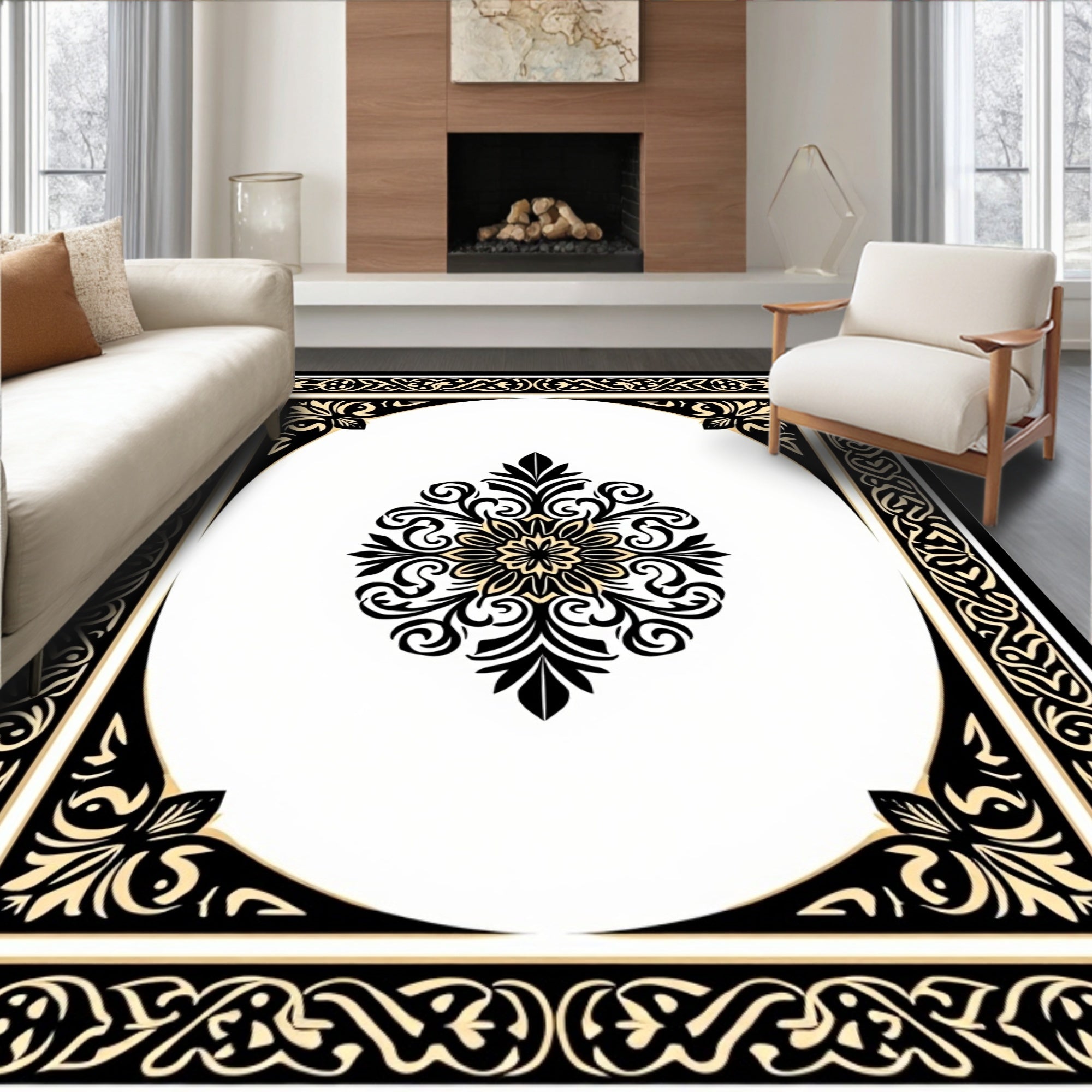 Ornate Black Scrollwork Floral Medallion Rug