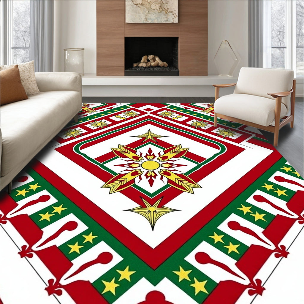 Radiant Red Green Sunburst Geometric Medallion Rug
