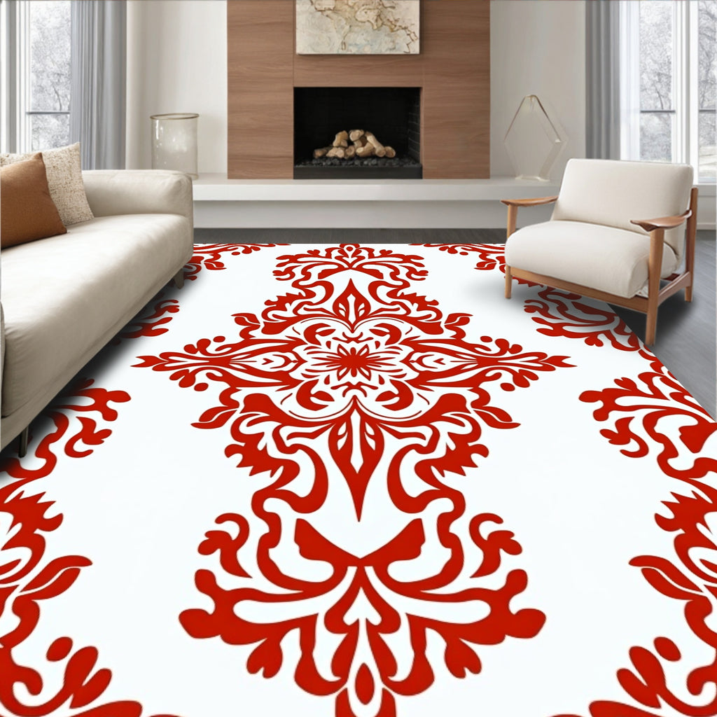 Crimson Floral Medallion Damask Rug