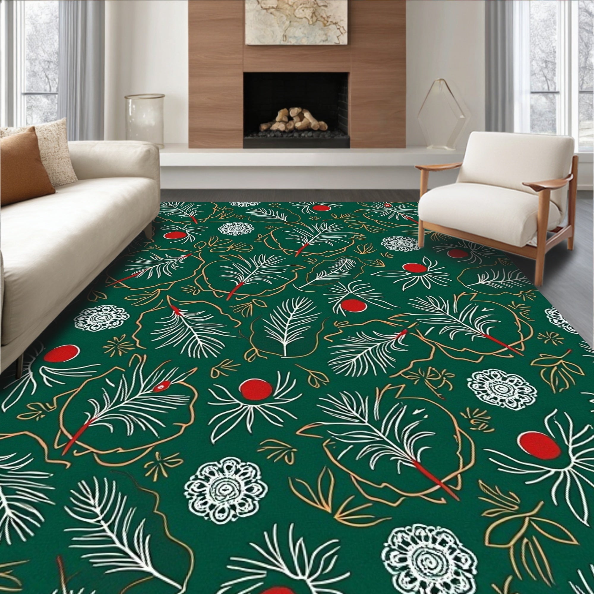 Green Red White Leaf Floral Medallion Rug