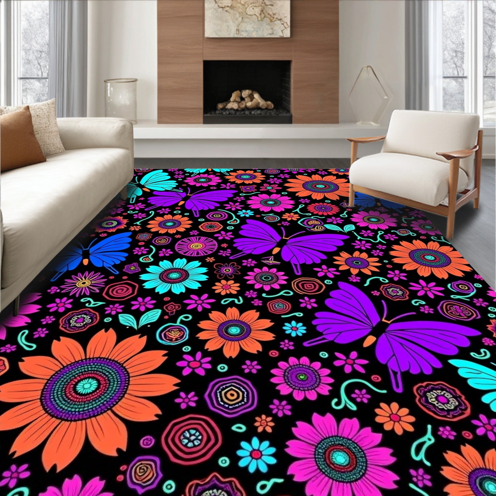 Vibrant Butterfly Floral Medley Rug
